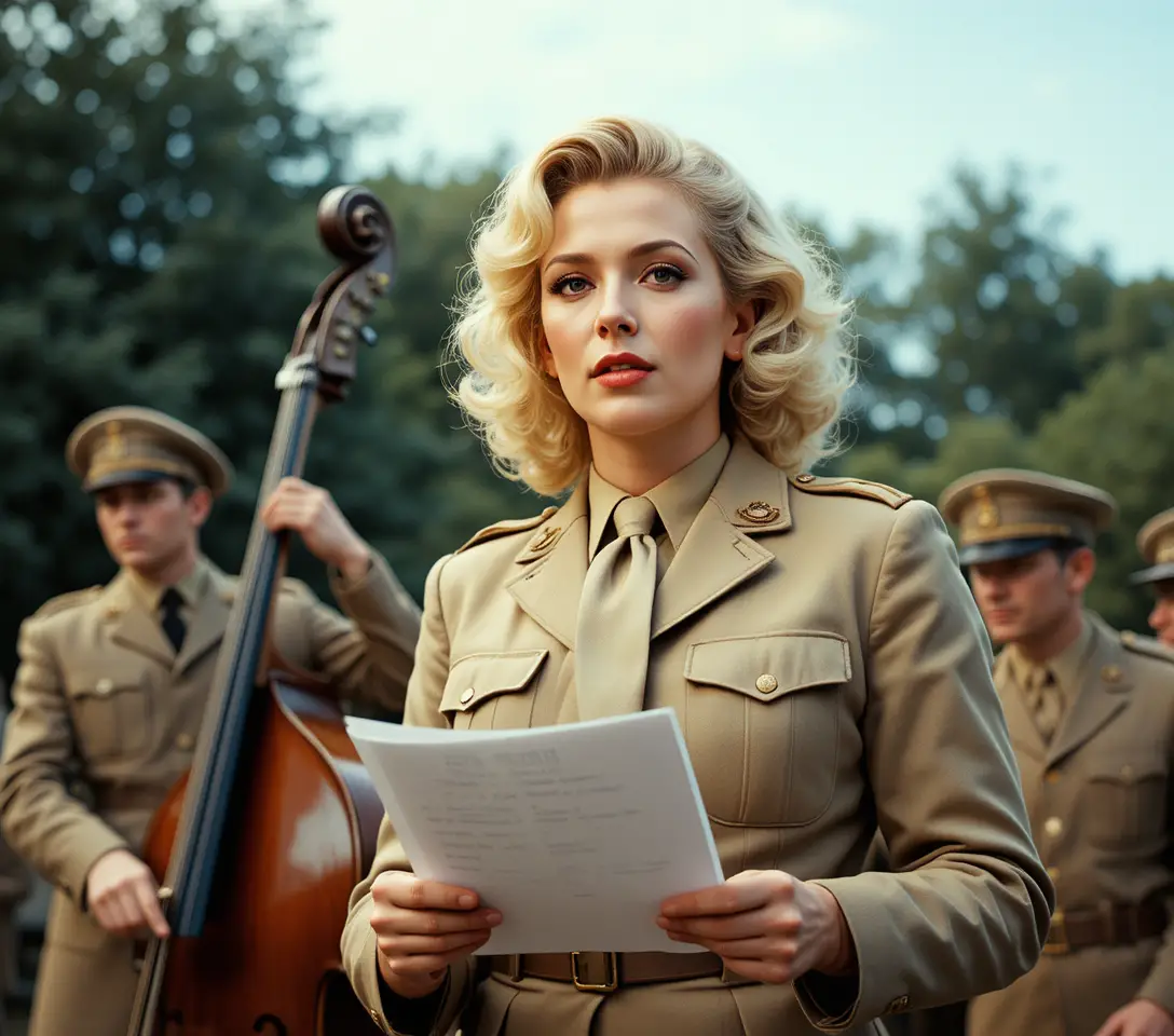 Blonde woman in uniform speaking into a vintage microphone