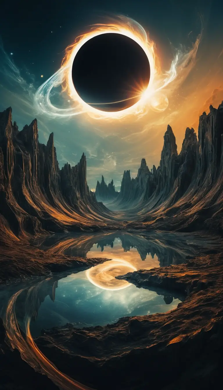 Surreal eclipse dreamscape with glowing abstract double exposure