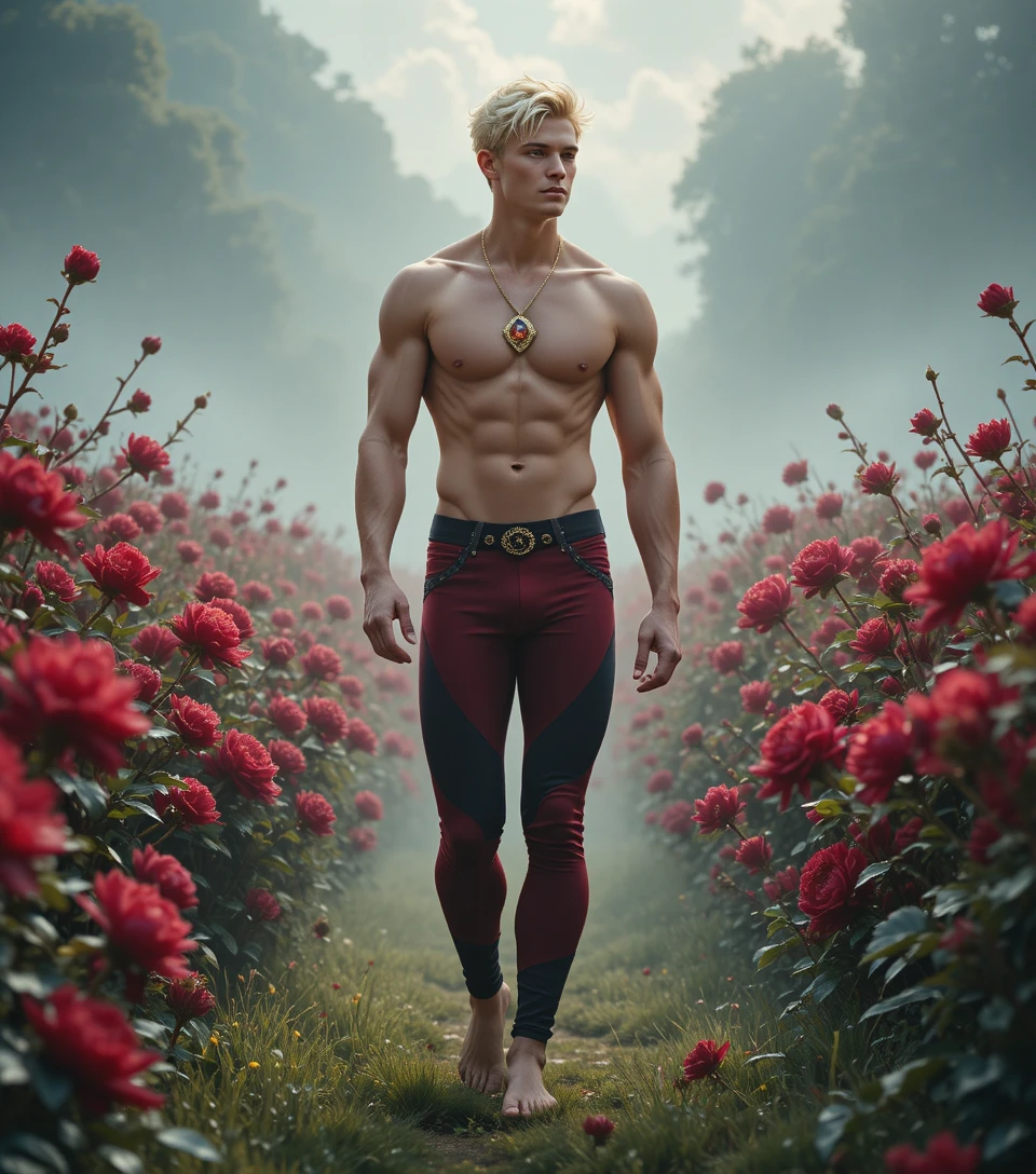 Blond young man walking barefoot through summer flower field