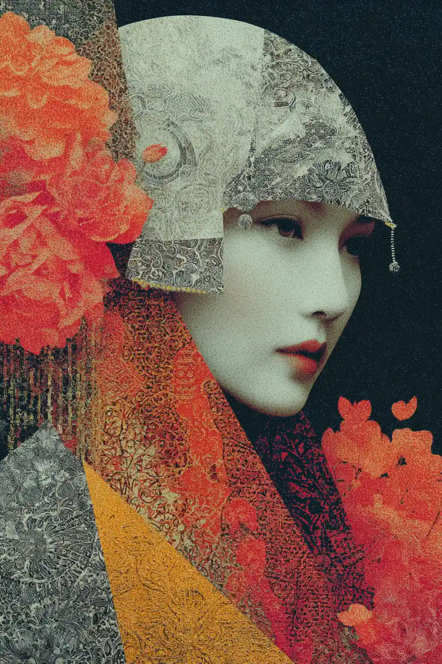Surreal collage portrait of the most beautiful mysterious woman