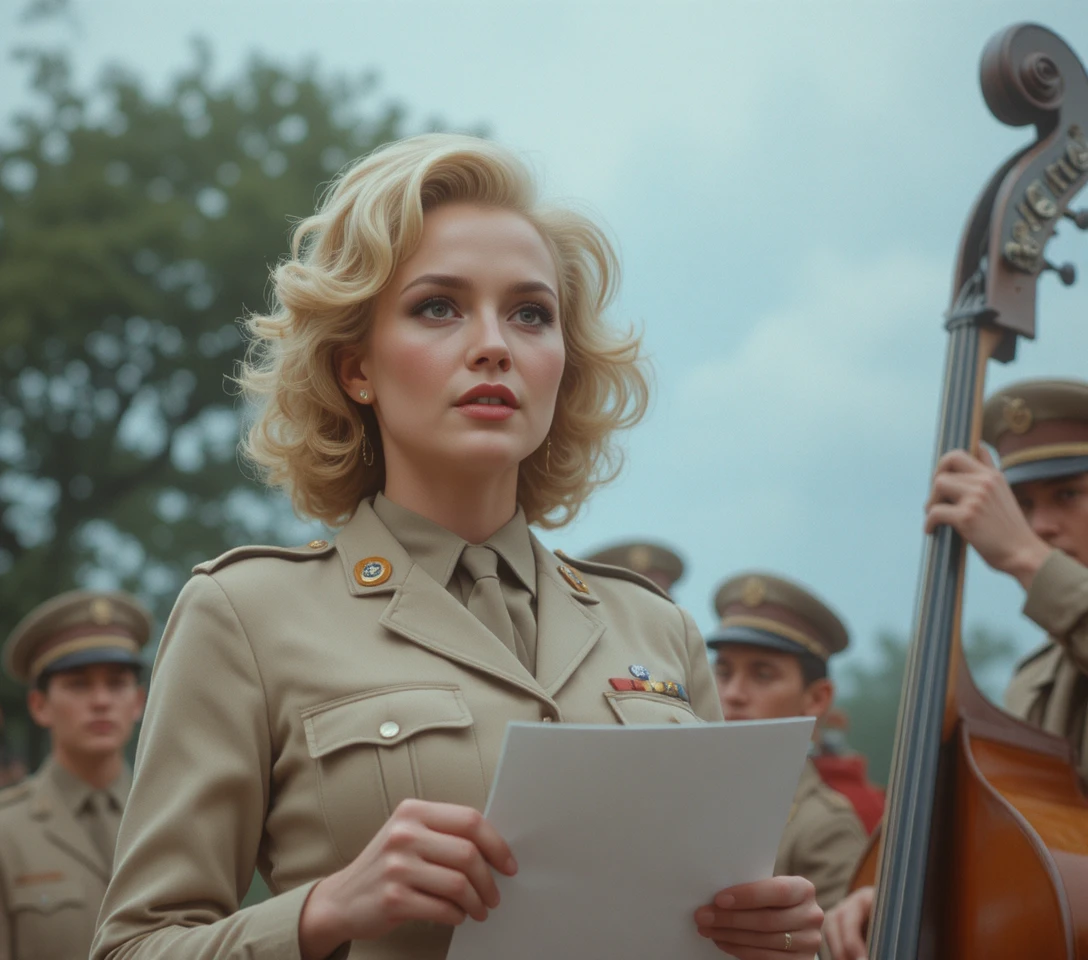Blonde woman in uniform speaking into a microphone outdoors