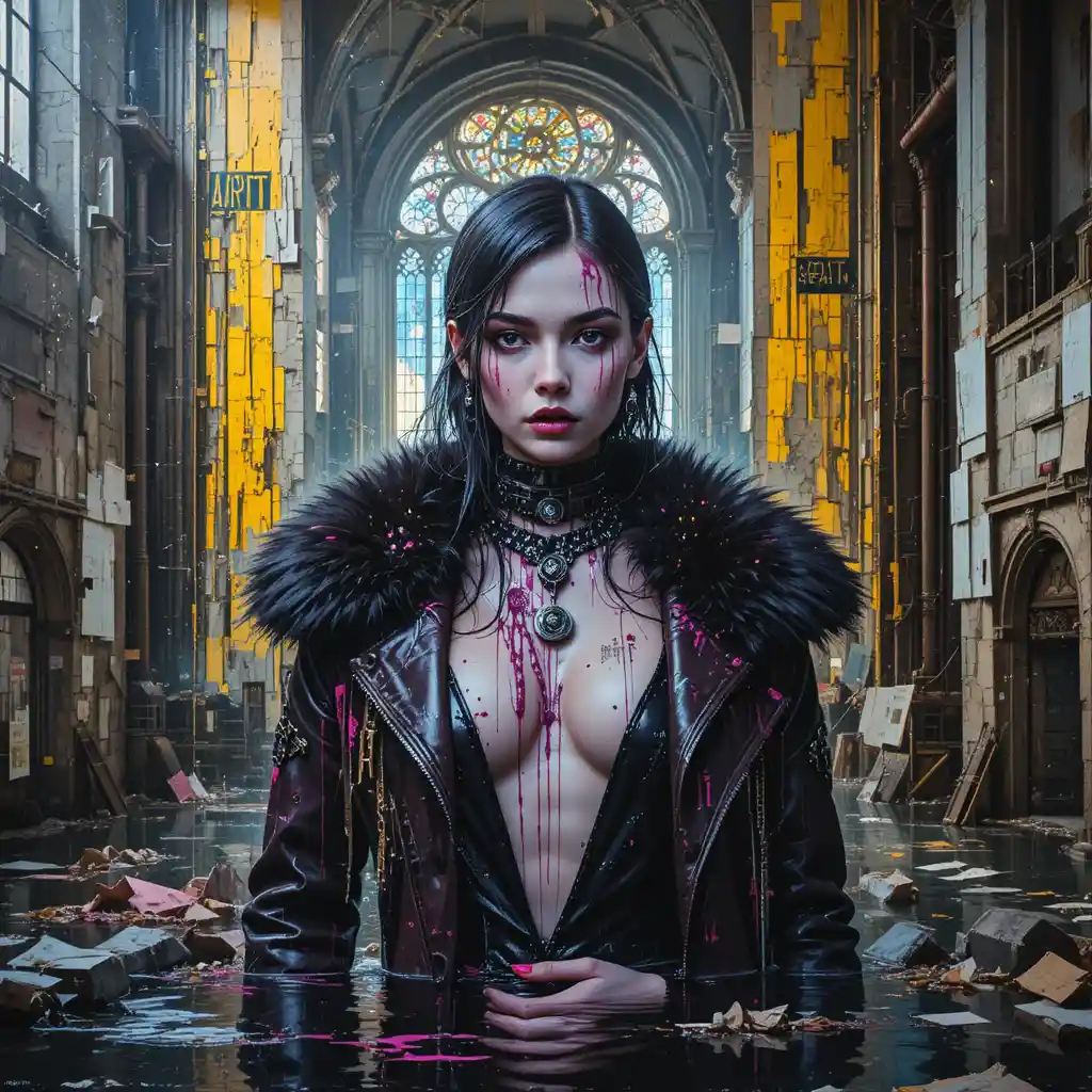 Techno gothic woman mural in flooded industrial cathedral