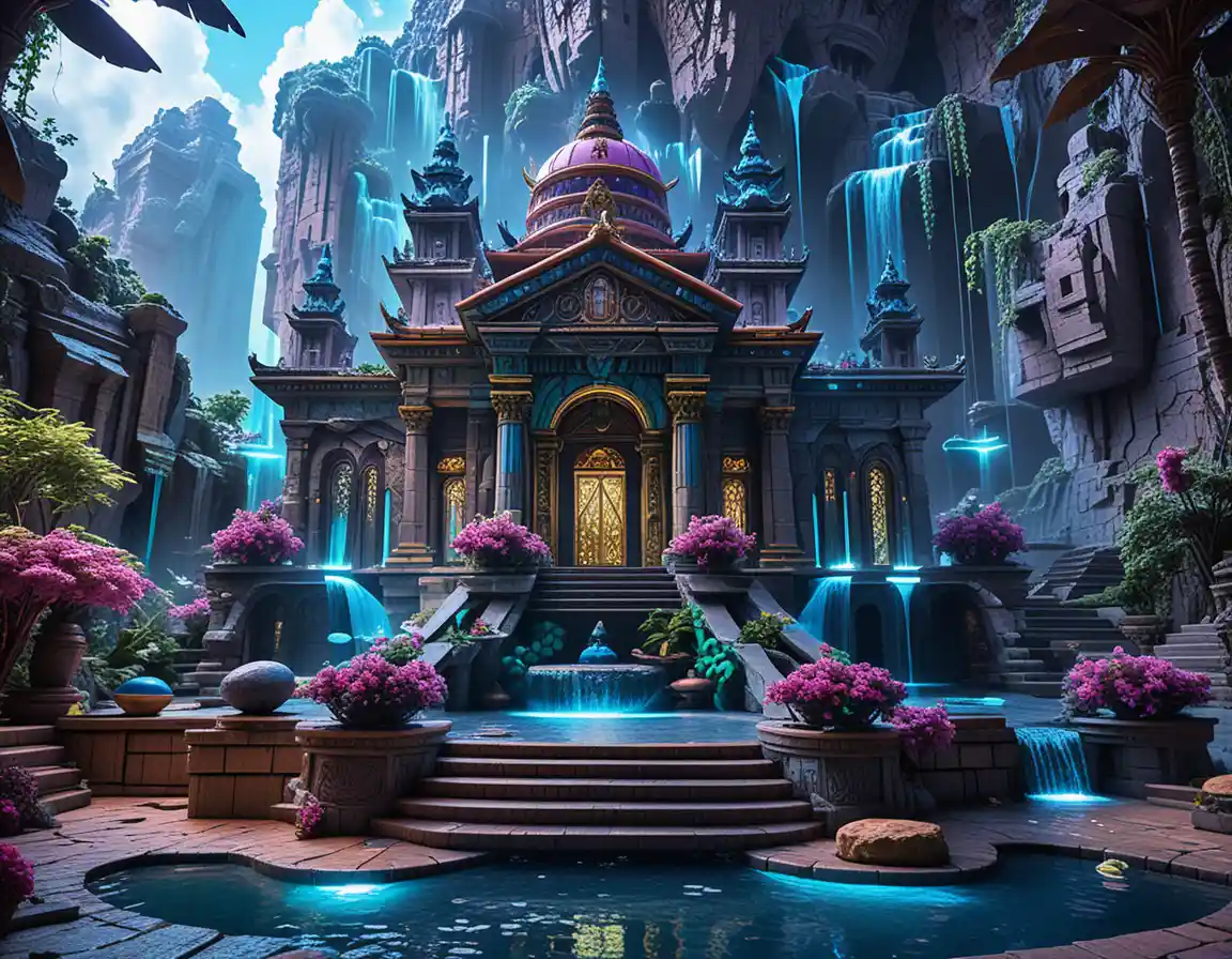 Floating island temple diorama with neon fantasy lighting