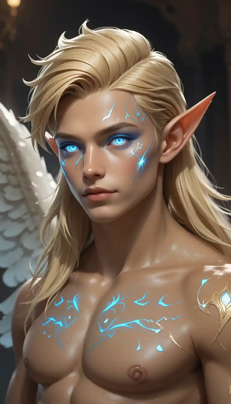 Young angelic warrior with glowing markings and wings