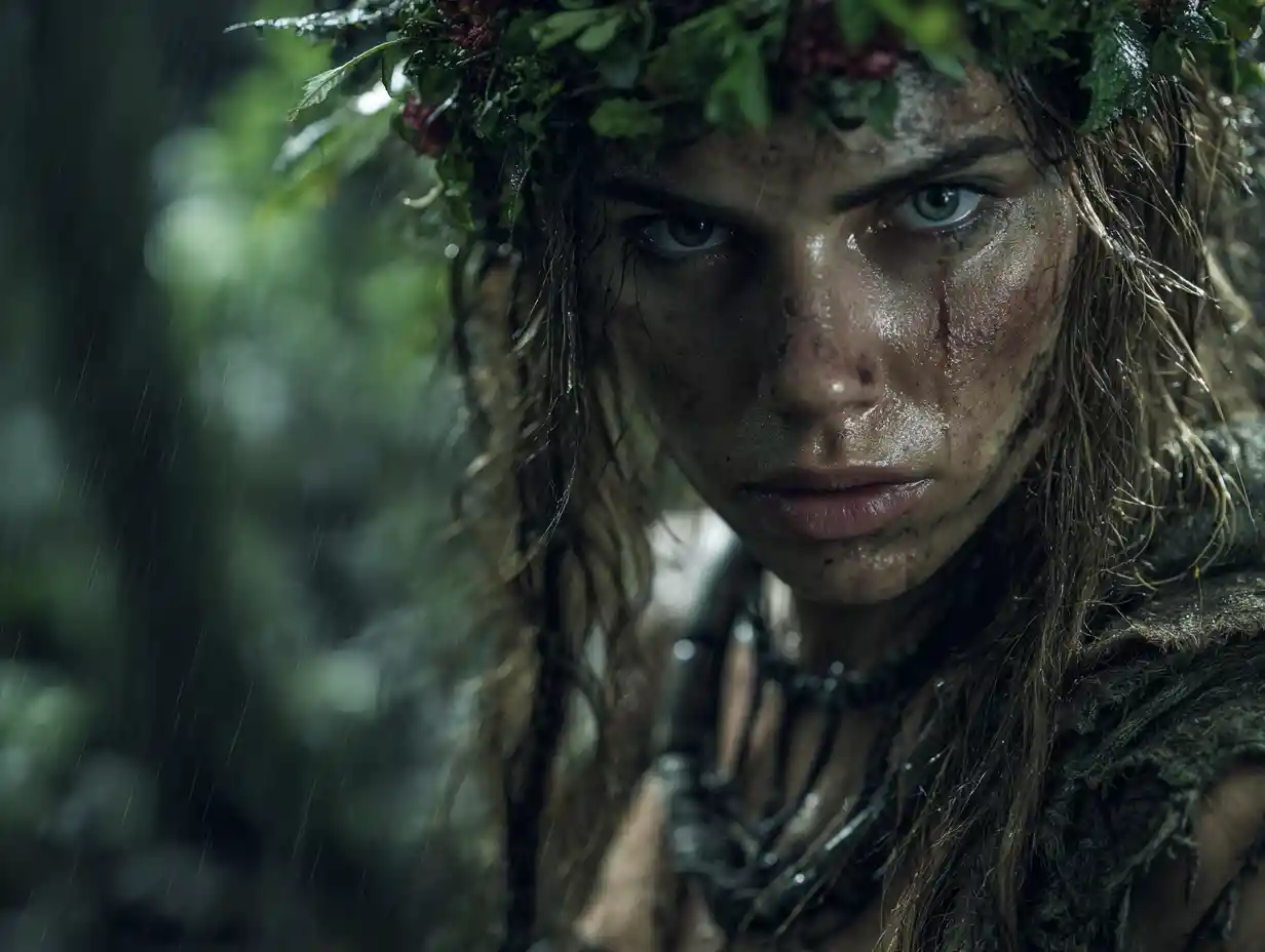 Ancient slavic goddess standing in a stormy misty forest