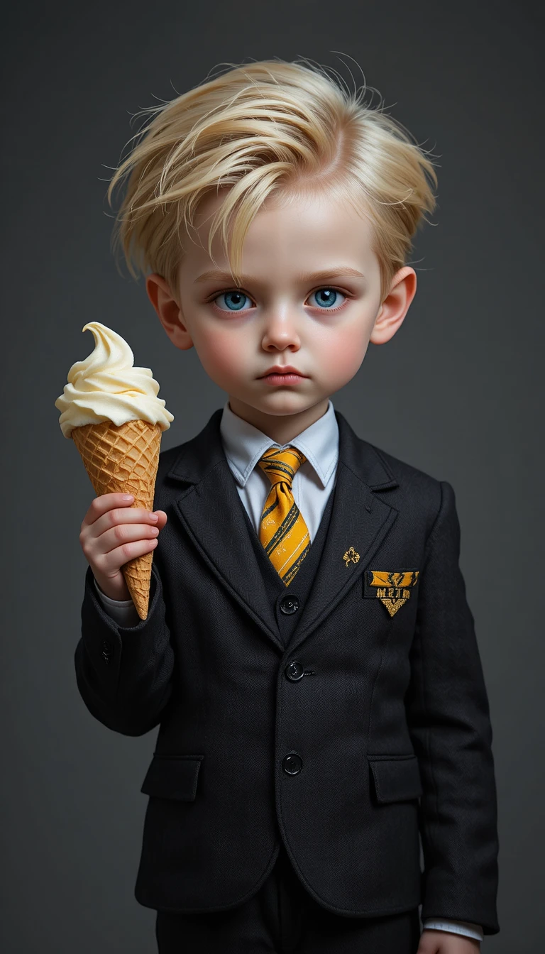 Serious blond boy in suit holding vanilla ice cream cone