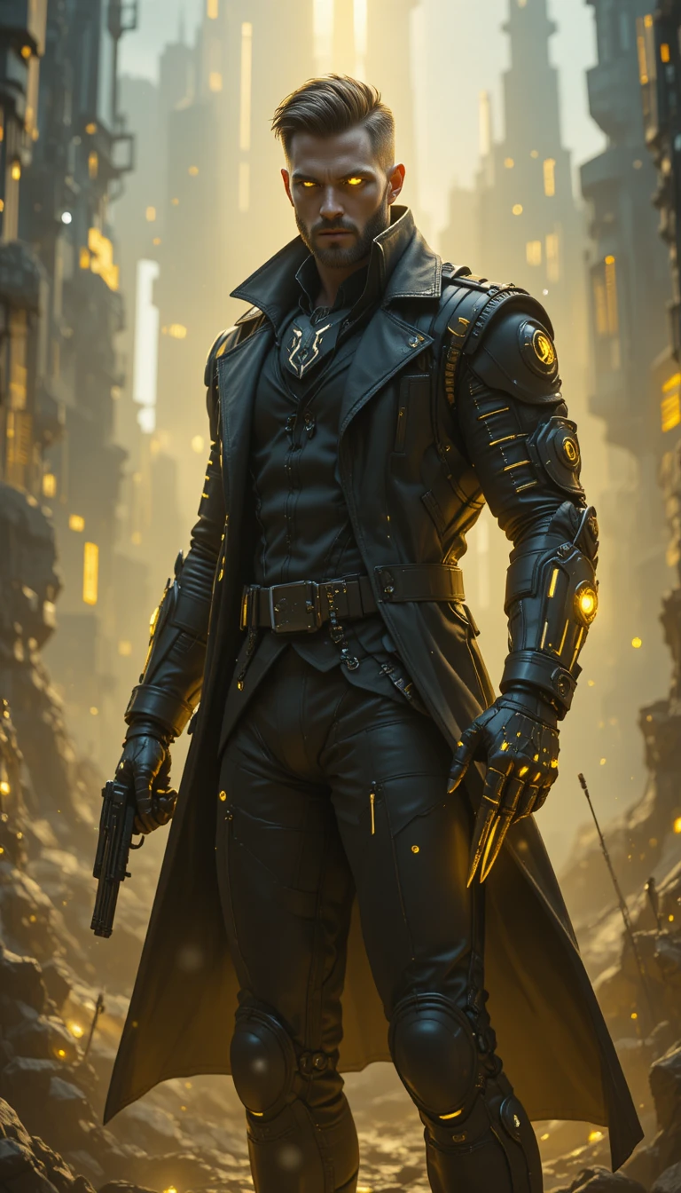 Muscular super soldier with glowing eyes in battle stance