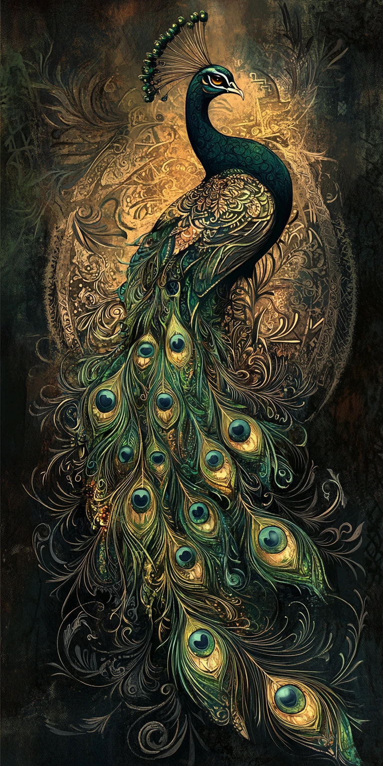 Dark fantasy peacock with occult eyes in gothic patterns