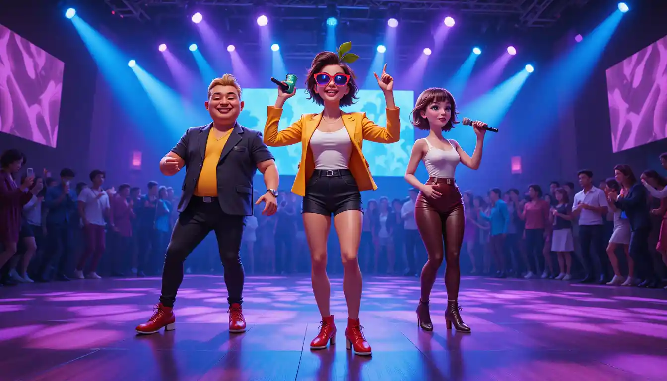 Anthropomorphic party characters dancing on a vibrant nightclub stage