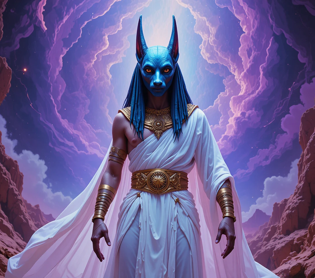 Jackal headed deity in swirling cosmic violet light