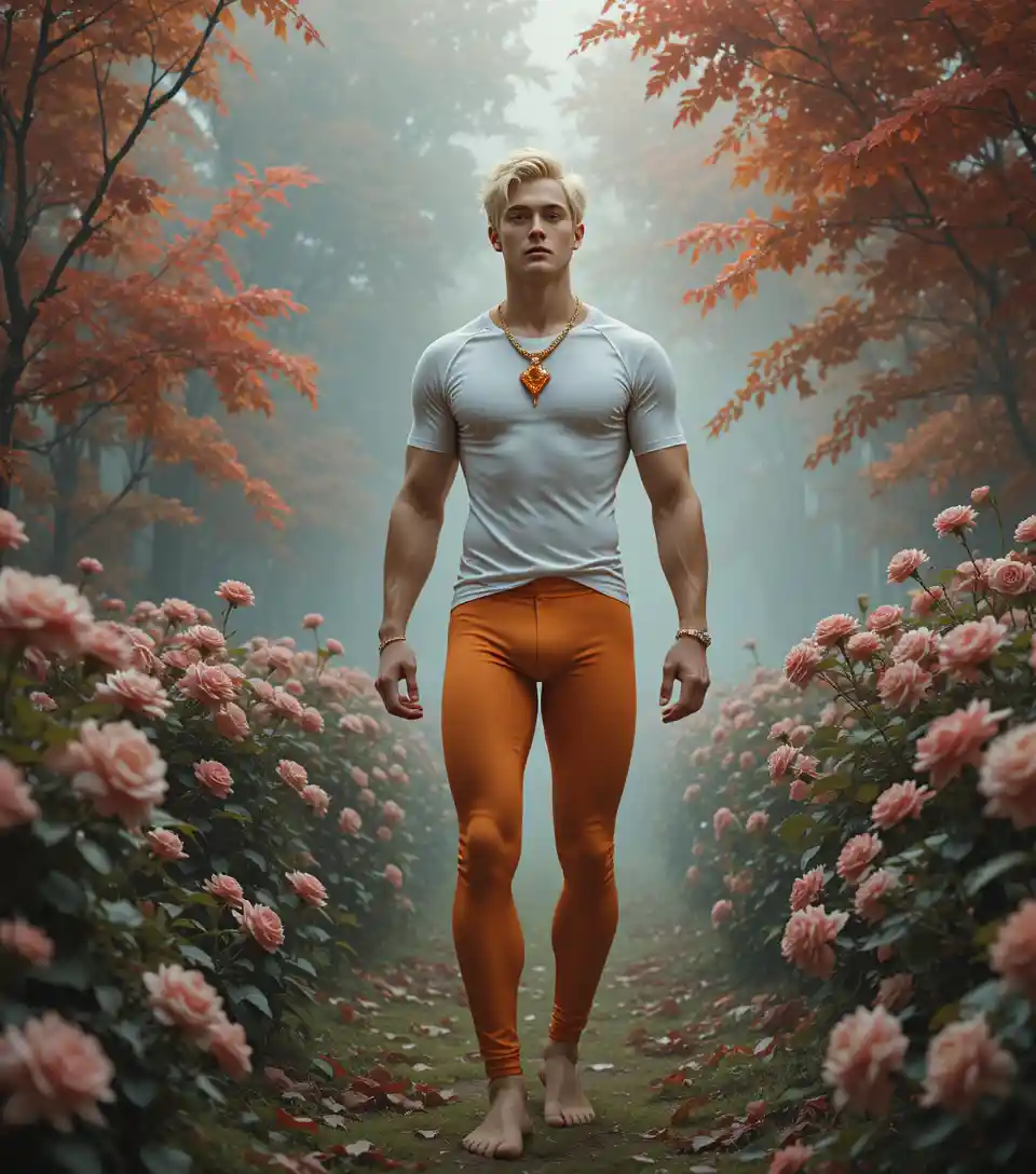 Young blond man walking barefoot in a misty autumn garden