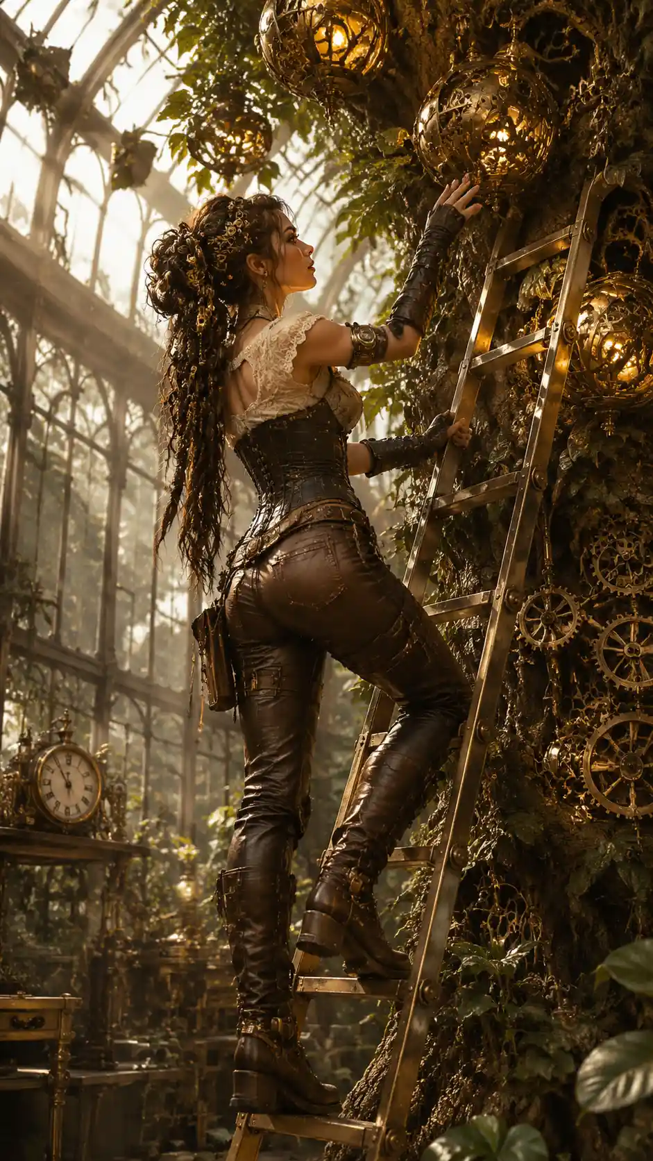 Donna steampunk che sale una scala in un albero di ingranaggi luminosi