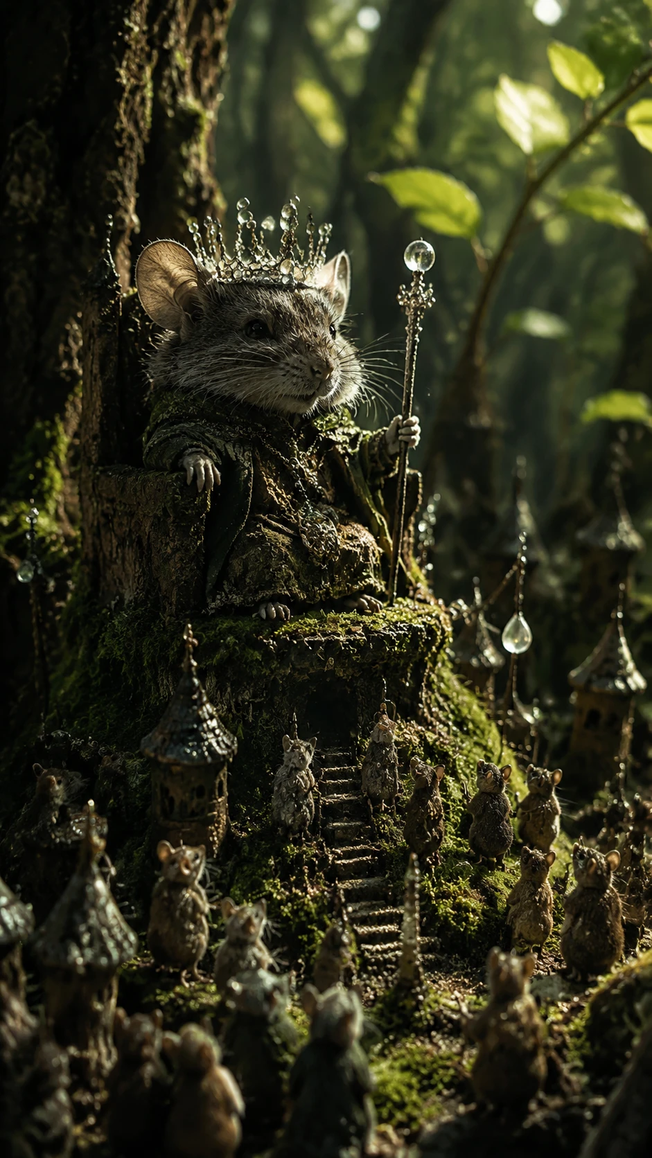 Tiny mouse king ruling a mossy forest floor kingdom