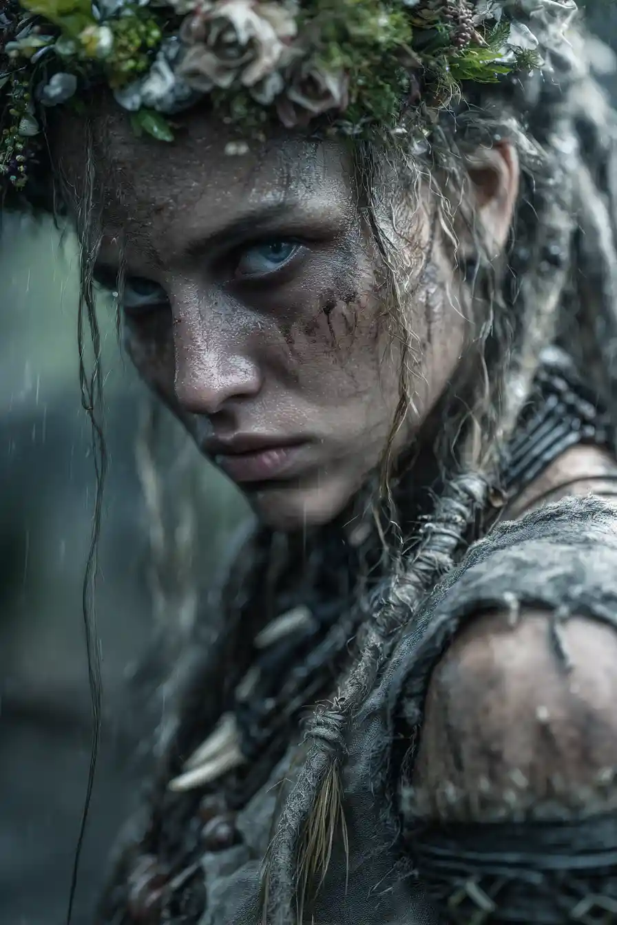 Ancient goddess in a stormy Slavic forest portrait