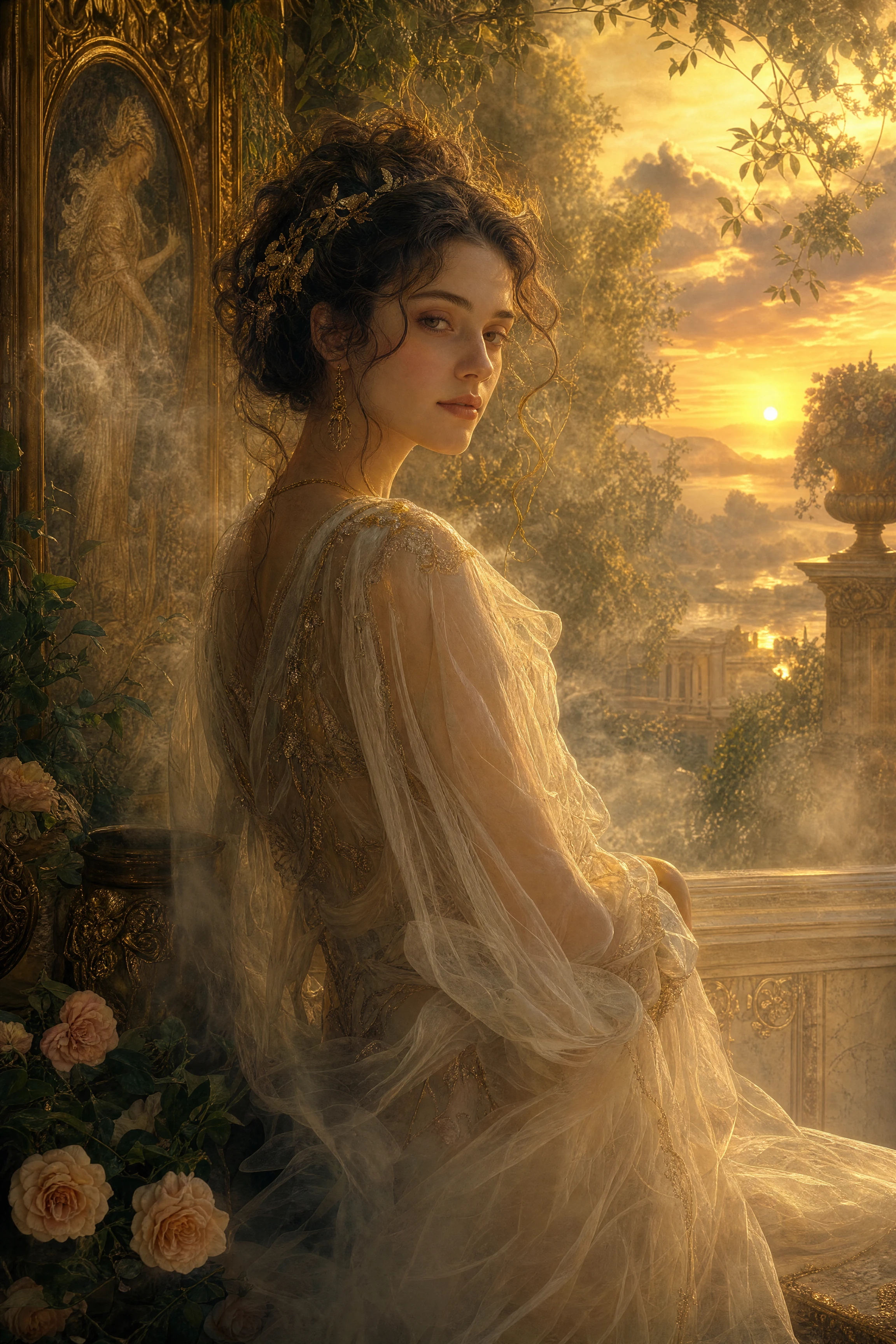 Ethereal woman in a sunlit old master inspired garden