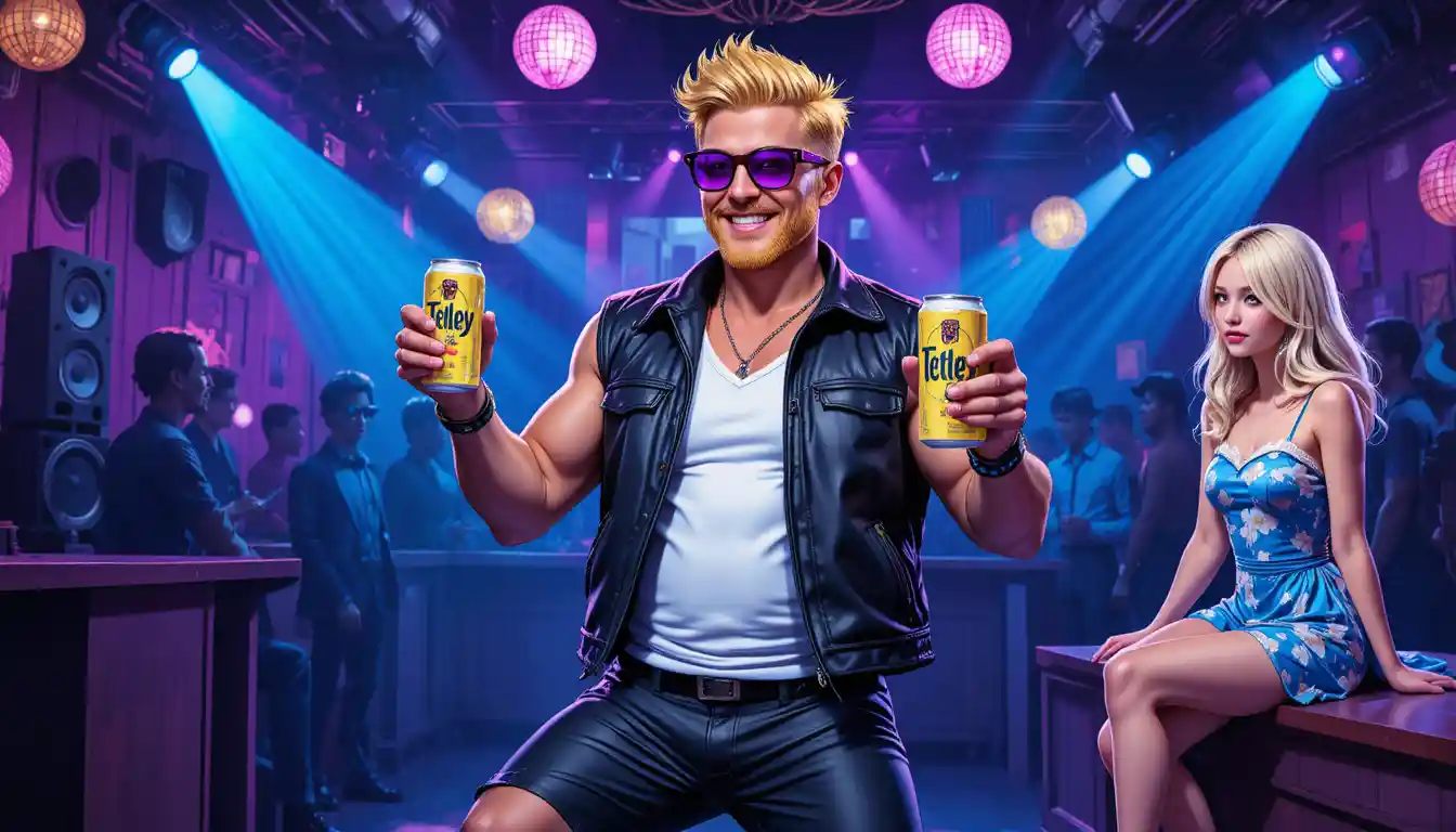 Dancing man with soda cans in a colorful nightclub