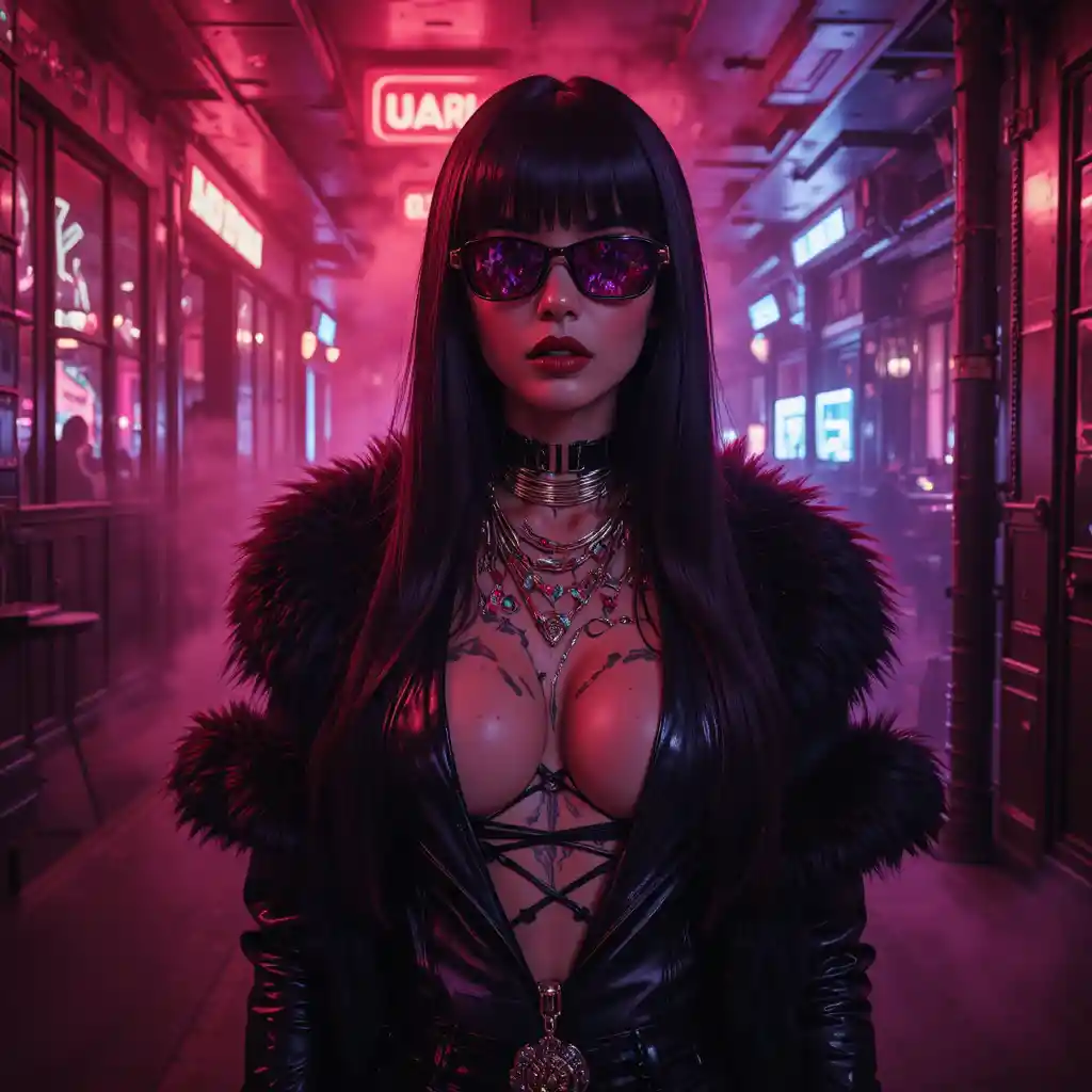 Cyberpunk woman in crimson nightclub fashion portrait