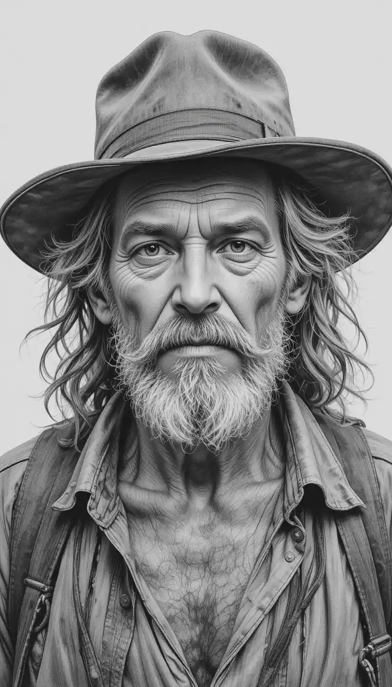 Realistic pencil portrait of an old man in a worn hat