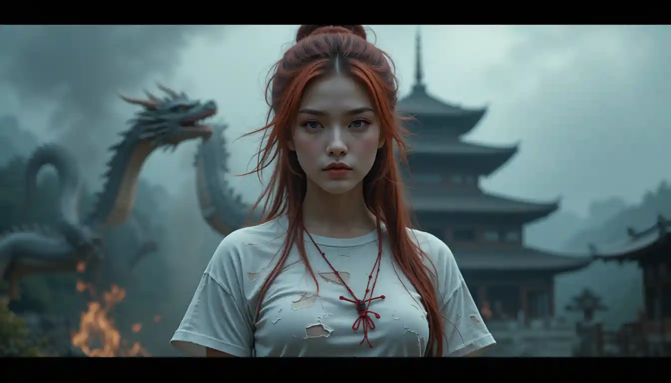 Red haired Japanese woman bound before flaming dragons