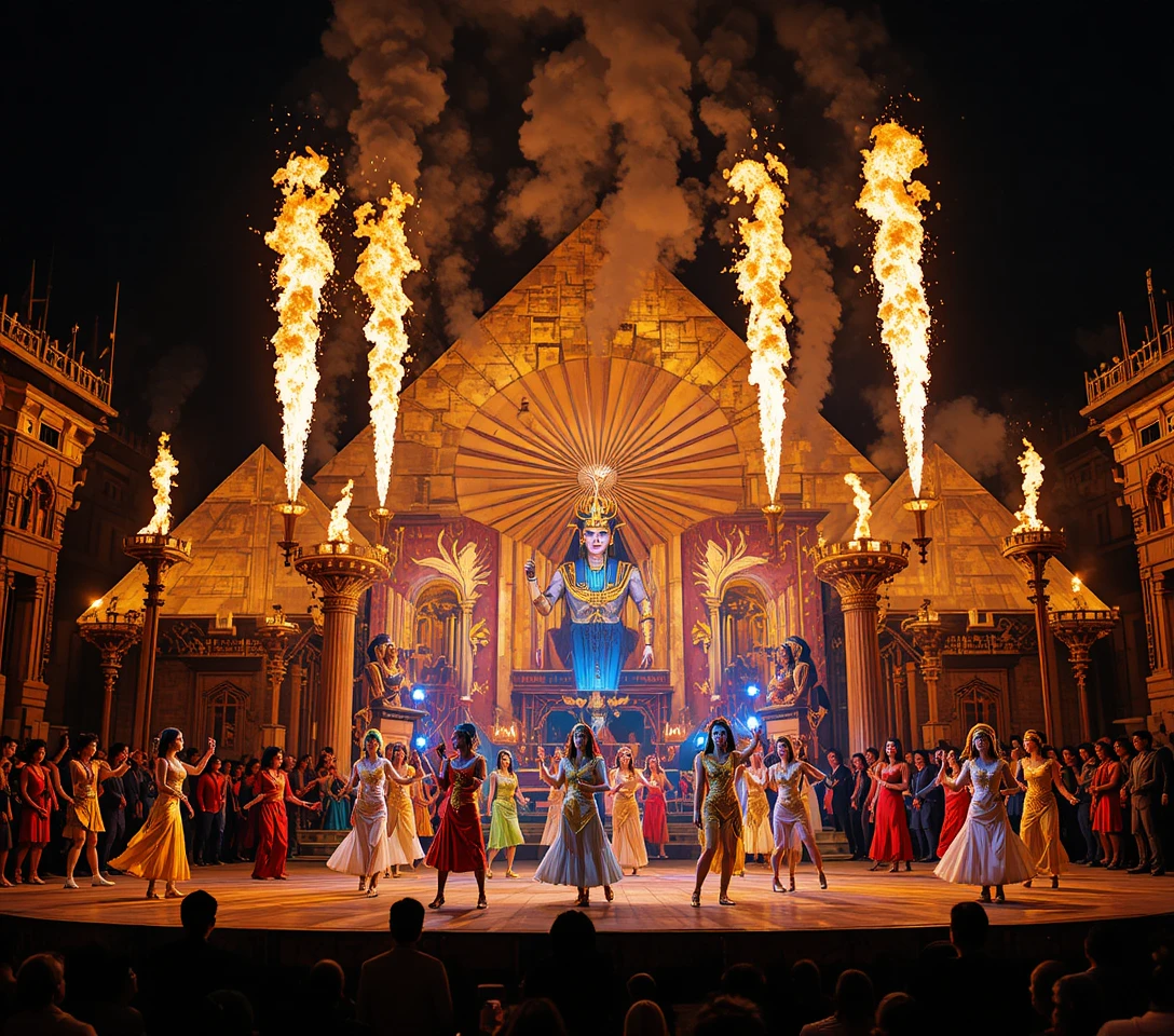 Live egyptian themed performance on a golden outdoor stage