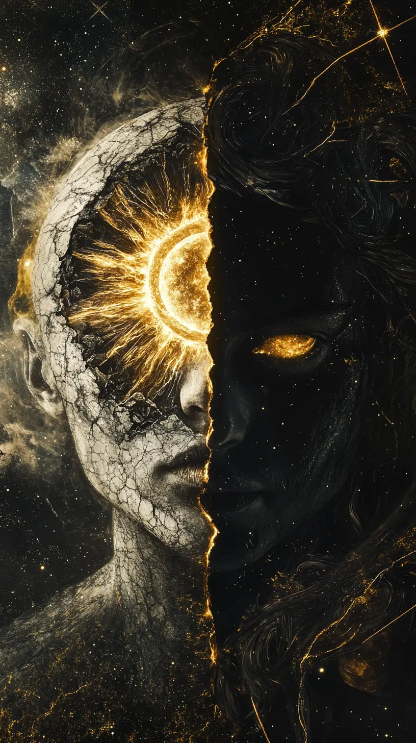 Retrato cósmico sombrio de fusão entre sol e lua no espaço