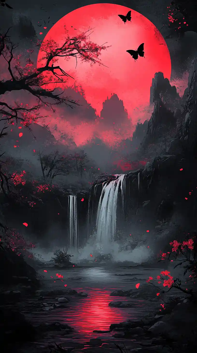 Dark fantasy landscape within a circular ink brush frame