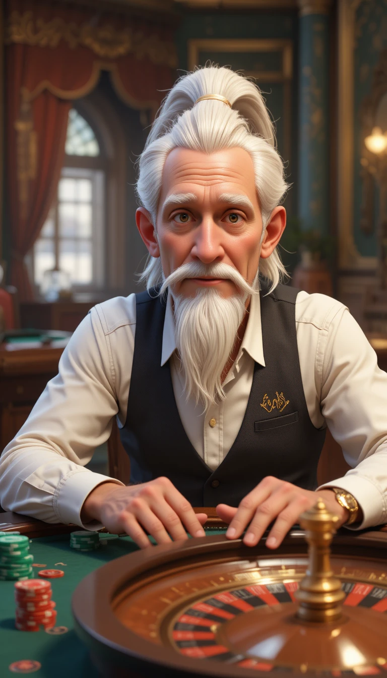 Older man with white ponytail at spinning roulette table