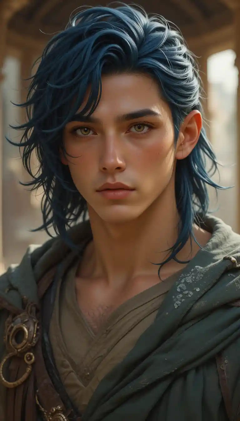 Fantasy man with dark indigo hair and olive eyes