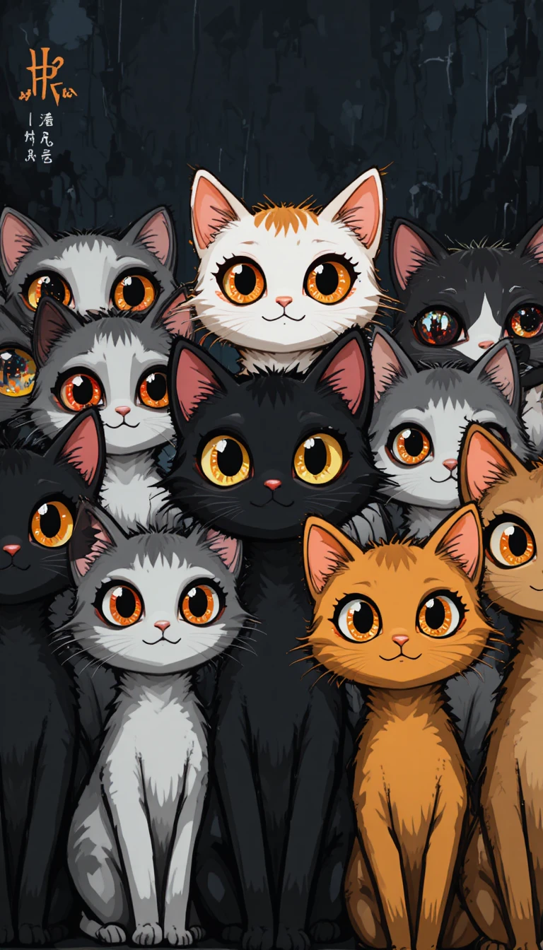 Row of quirky cartoon cats on dark abstract background