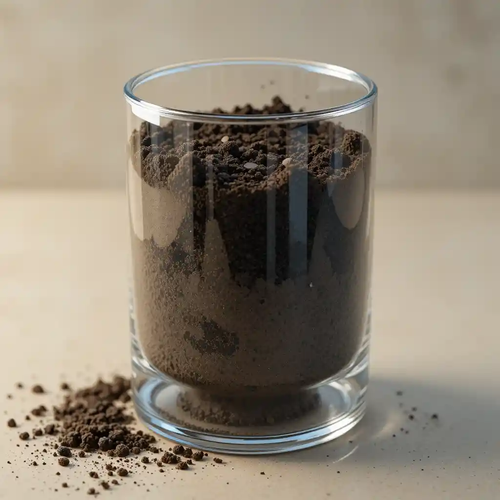 Close up of glass pot filled with dark moist soil