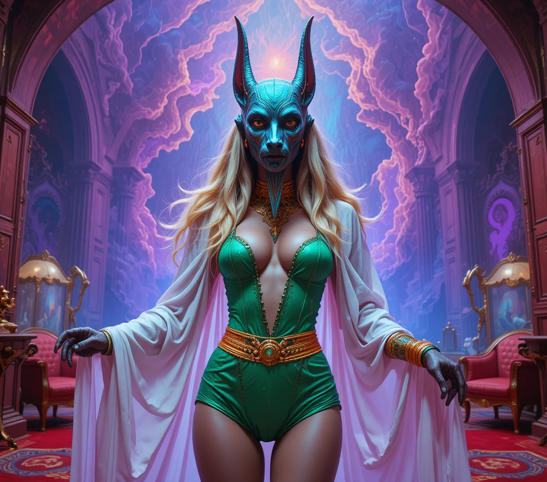 Jackal headed deity woman in swirling cosmic light