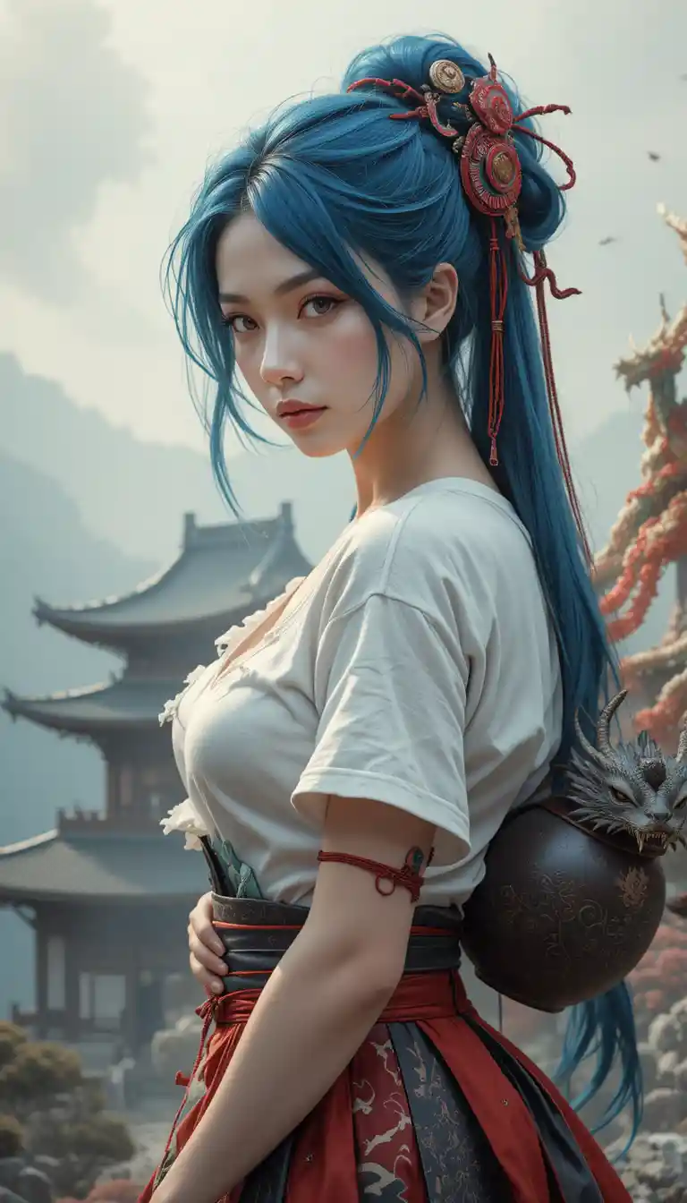 Blue haired anime woman bound to a post with dragons