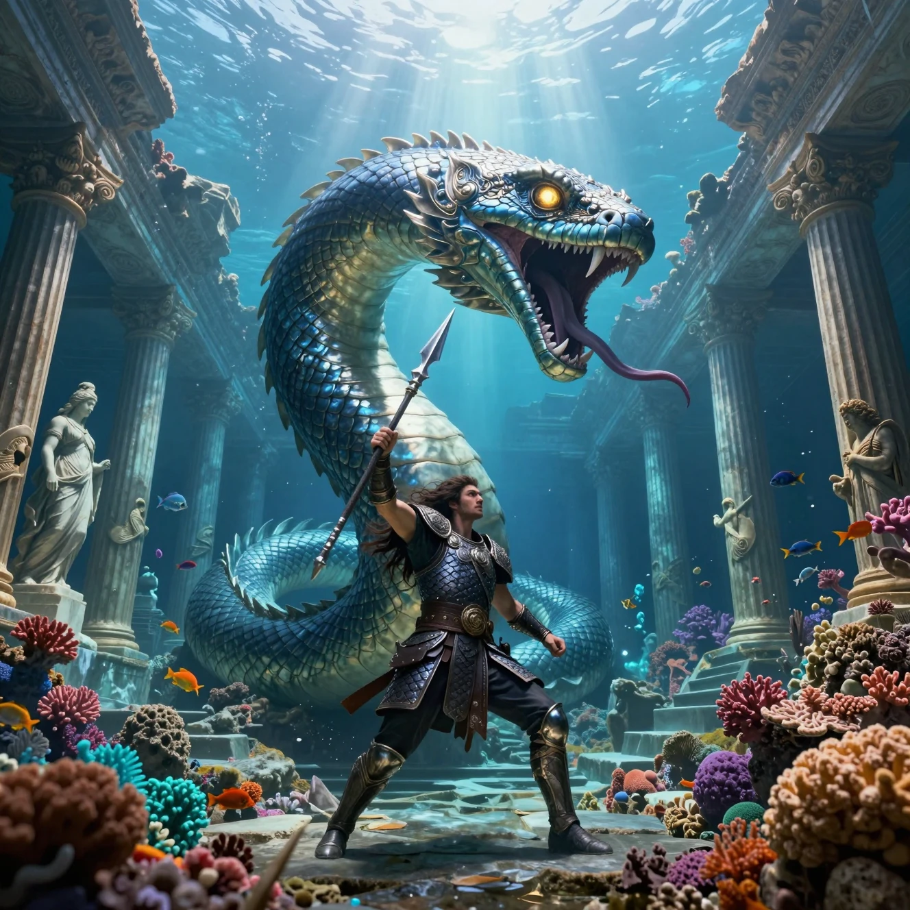 Heroic warrior confronting sea serpent in underwater ruins