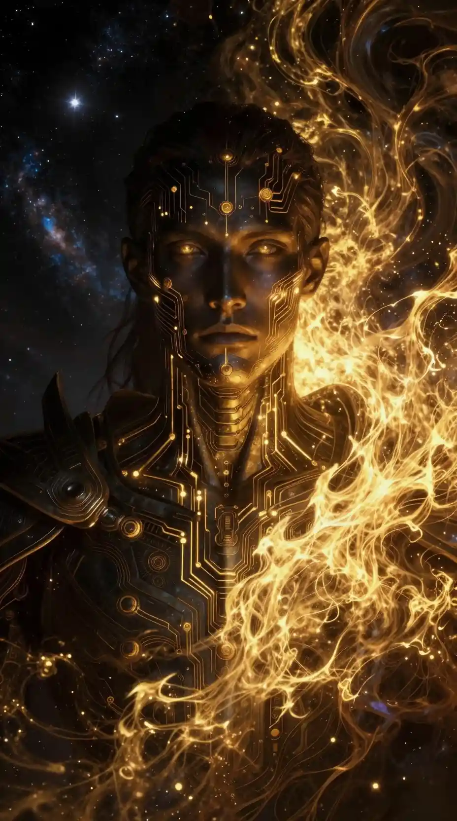 Celestial knight portrait split between void and molten cosmos