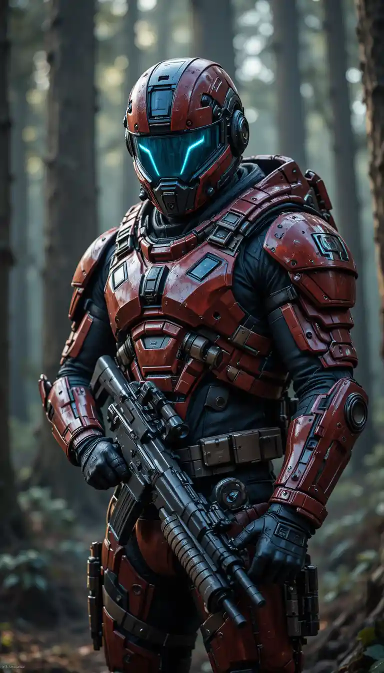 Futuristic armored soldier with rifle in shadowy forest