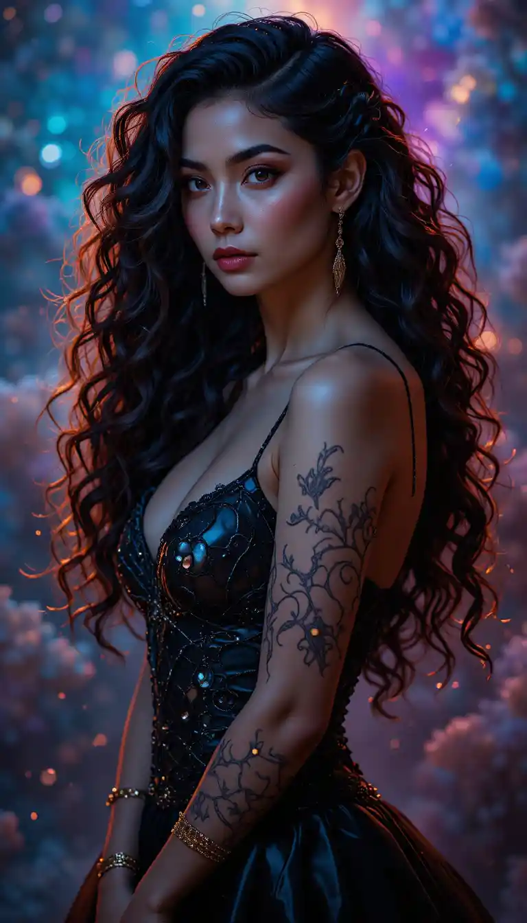 Elegant woman in long black dress with side lighting