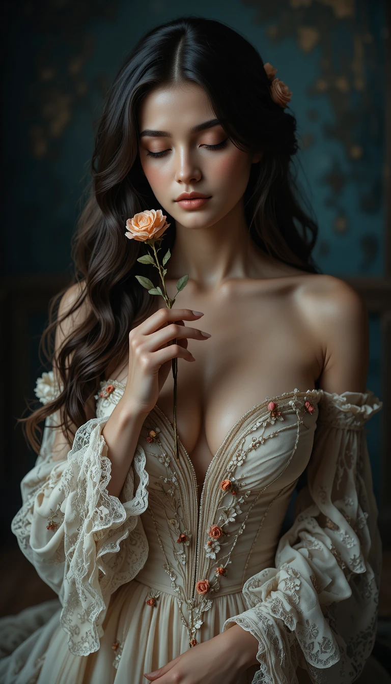 Romantic cinematic portrait of a serene woman with roses