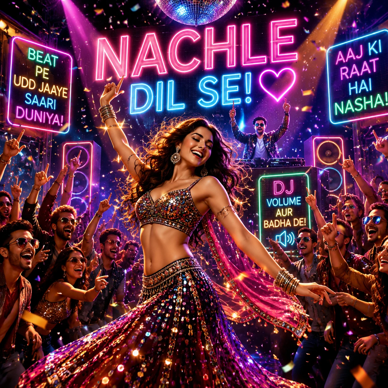 Energetic dancer leading a neon lit party crowd