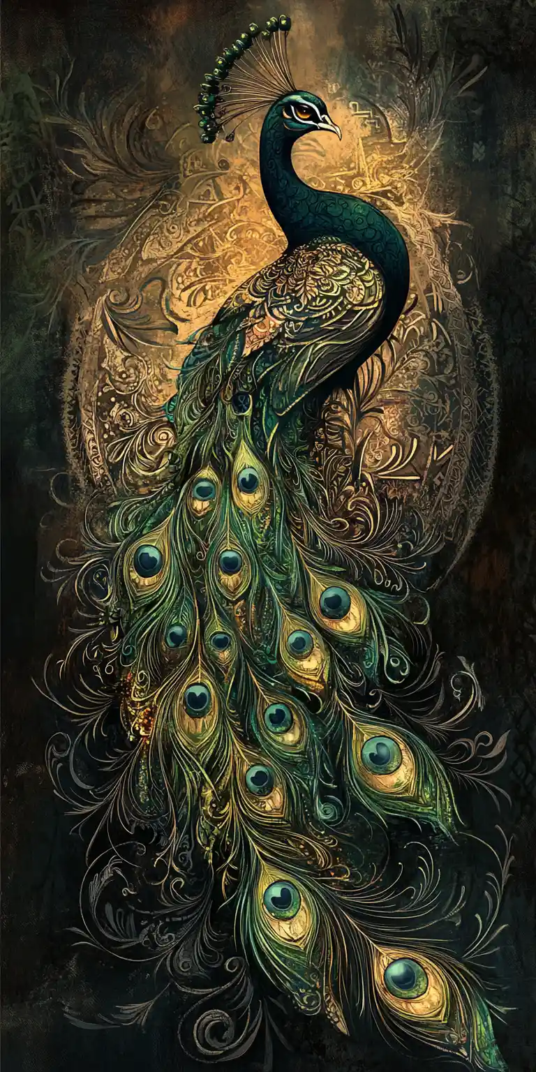 Dark fantasy peacock with occult eyes in gothic patterns