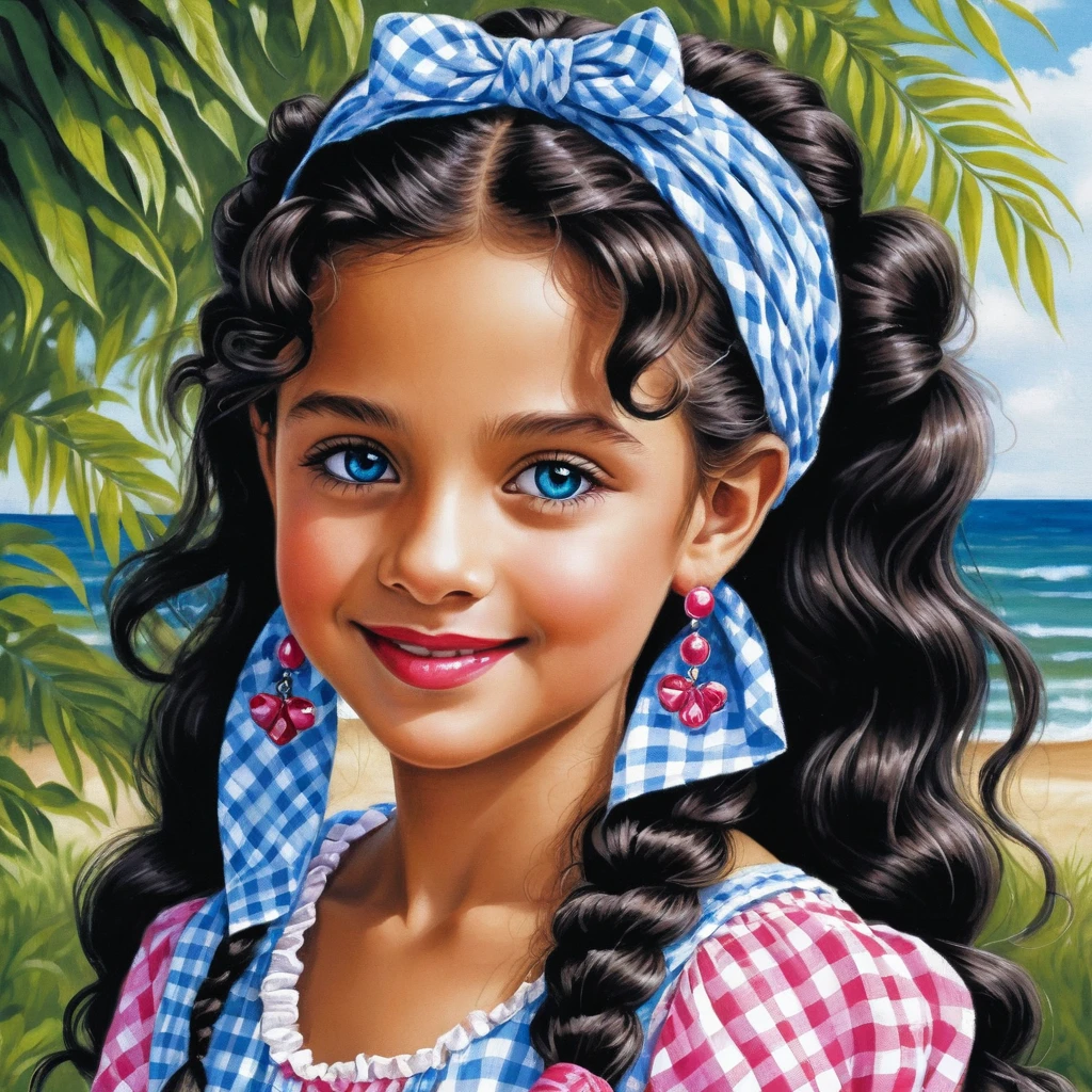 Smiling girl with long curly hair in summer headscarf