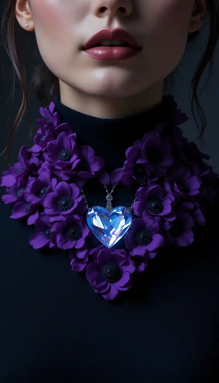 Close up floral necklace with glowing crystal pendant