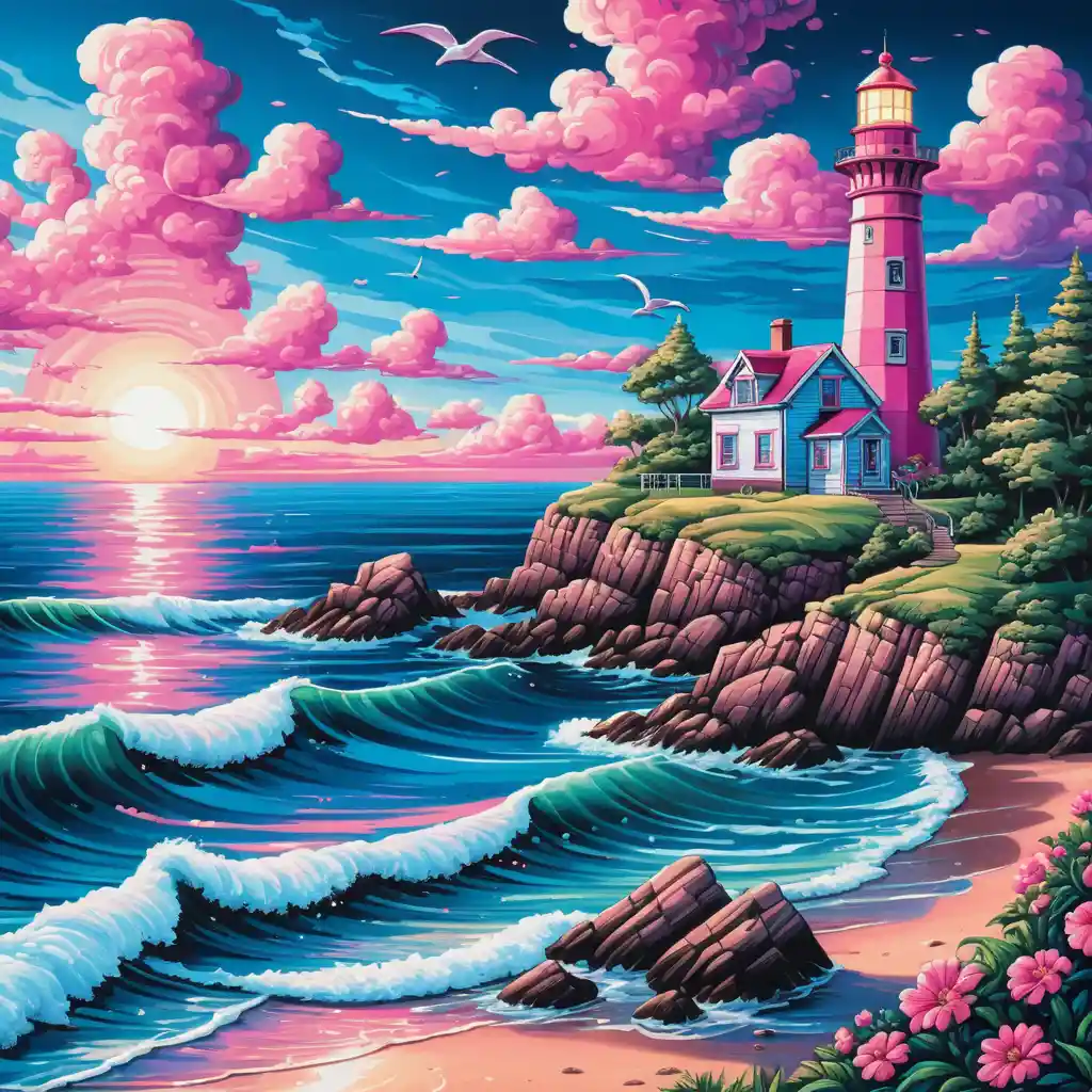 Close up lighthouse illustration over bright summer seascape