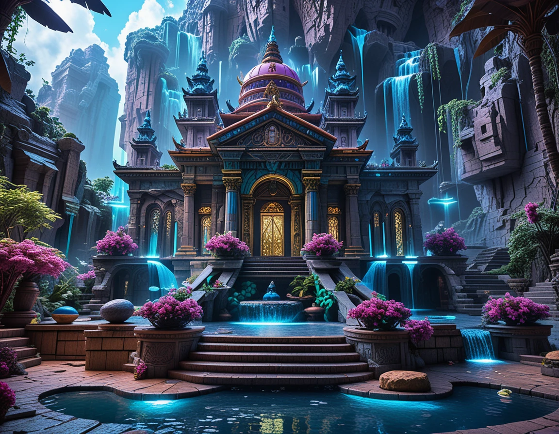 Floating island temple diorama with neon fantasy lighting