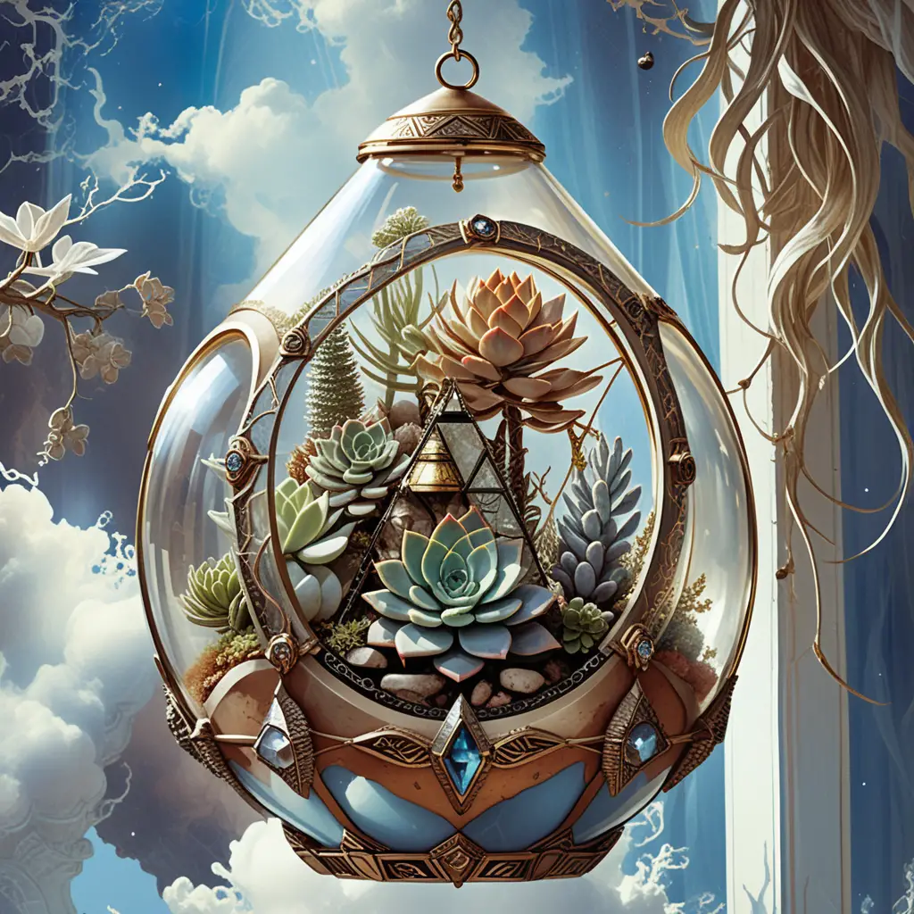 Mystisches Glas-Terrarium mit Sukkulenten und Edelsteinen