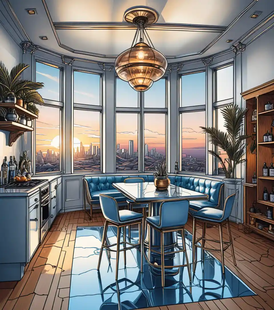 Isometric miniature dining interior with loft bedroom