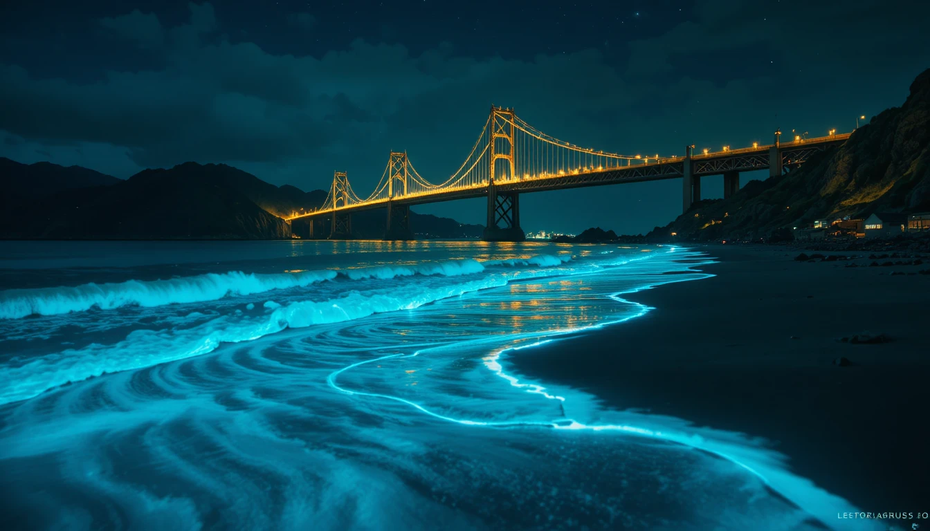 Bioluminescent Waves Along A Calm Nighttime Beach