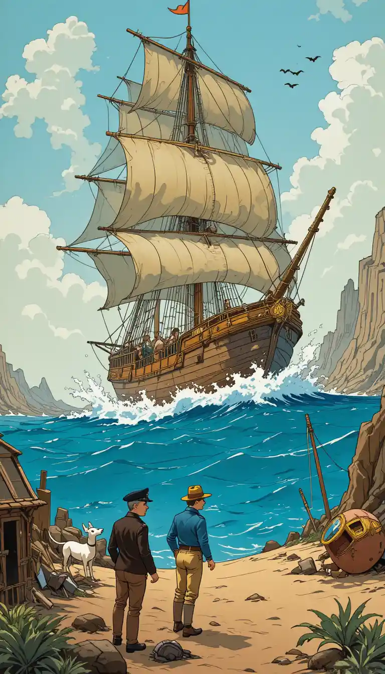 Young reporter holding a model ship in a desert adventure