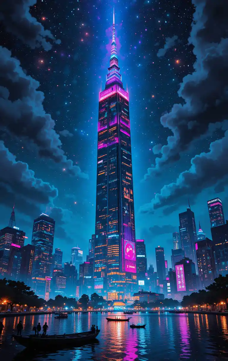 Neon skyscraper above a vibrant night city and lake