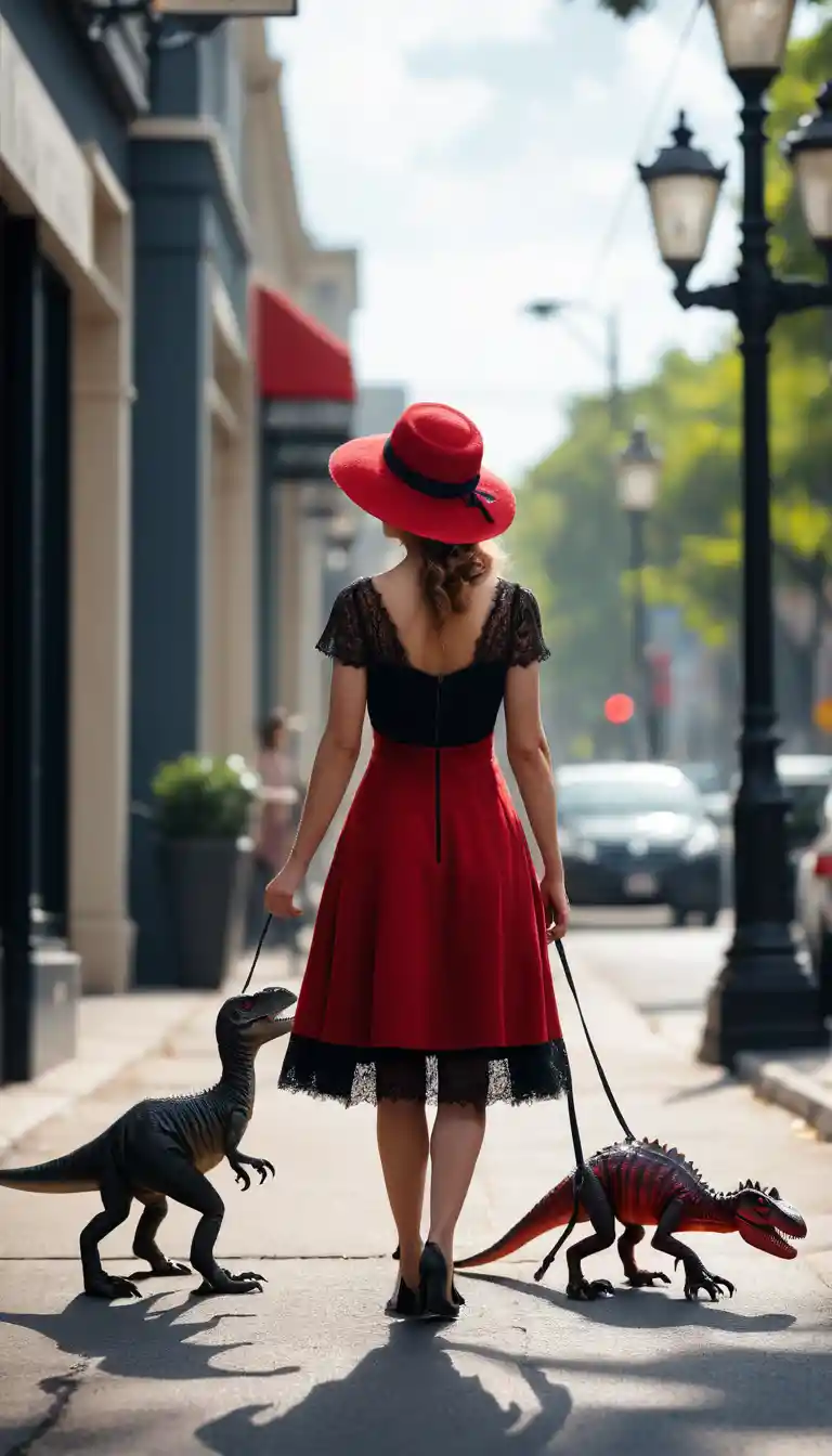 Woman walking miniature t rex on a city sidewalk