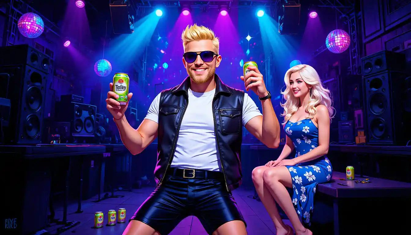 Dancing man with soda cans in colorful nightclub